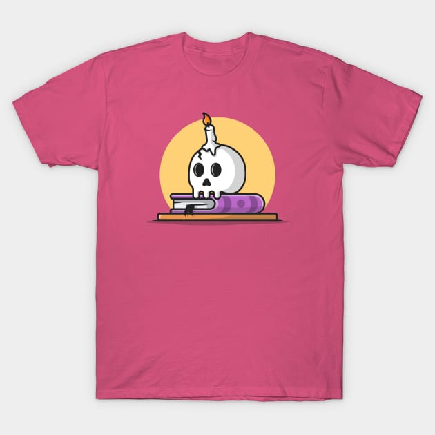 Skull with Candle On Book Cartoon Vector Icon Illustration T-Shirt by Catalyst Labs